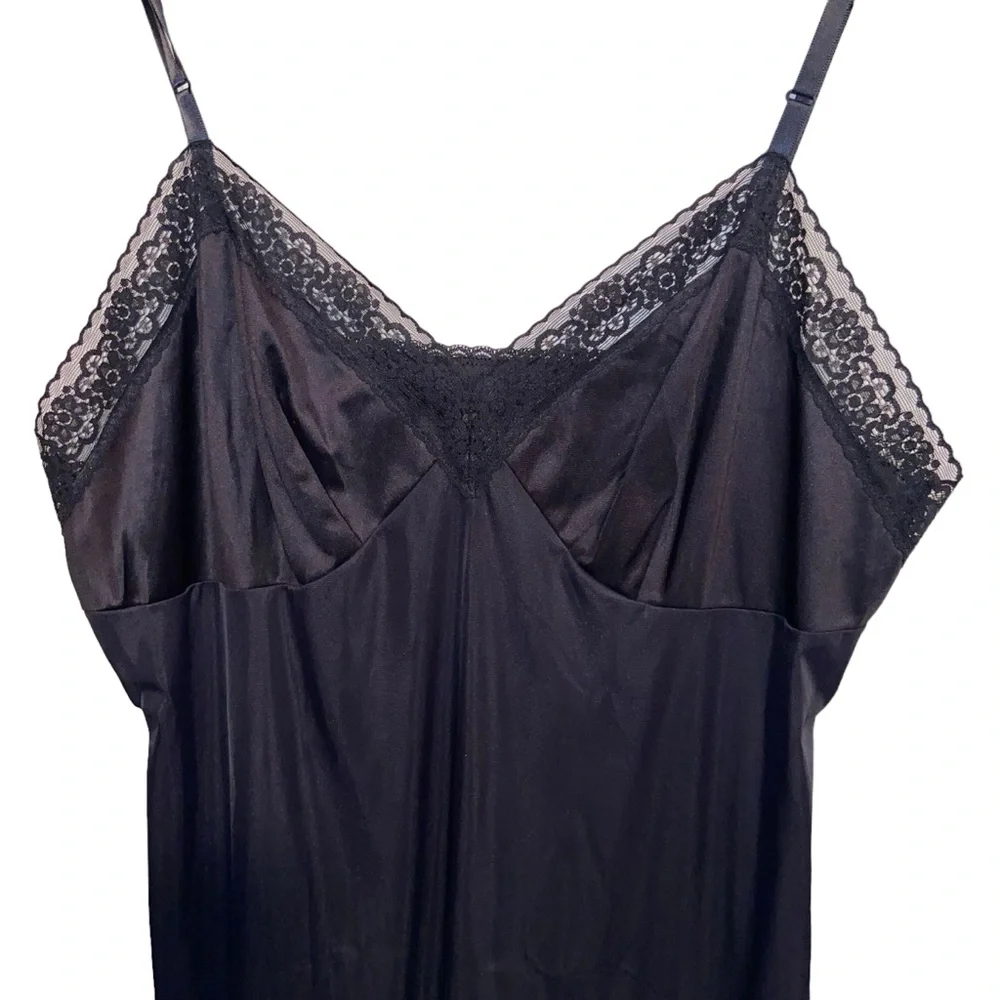 Vintage Vanity Fair Slip Under Dress Womens Size 38 Black Lace Nylon Retro Sexy